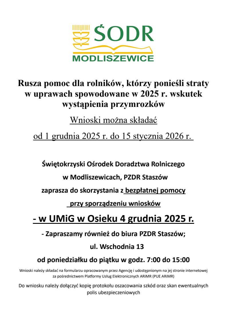 Bezpłatna pomoc przy sprządzaniu wniosk&oacute;w dot. strat w&nbsp;uprawach wsk&oacute;tek przymrozk&oacute;w w&nbsp;dn. 4.12.25r. w&nbsp;Urzędzie Miasta i&nbsp;Gminy
