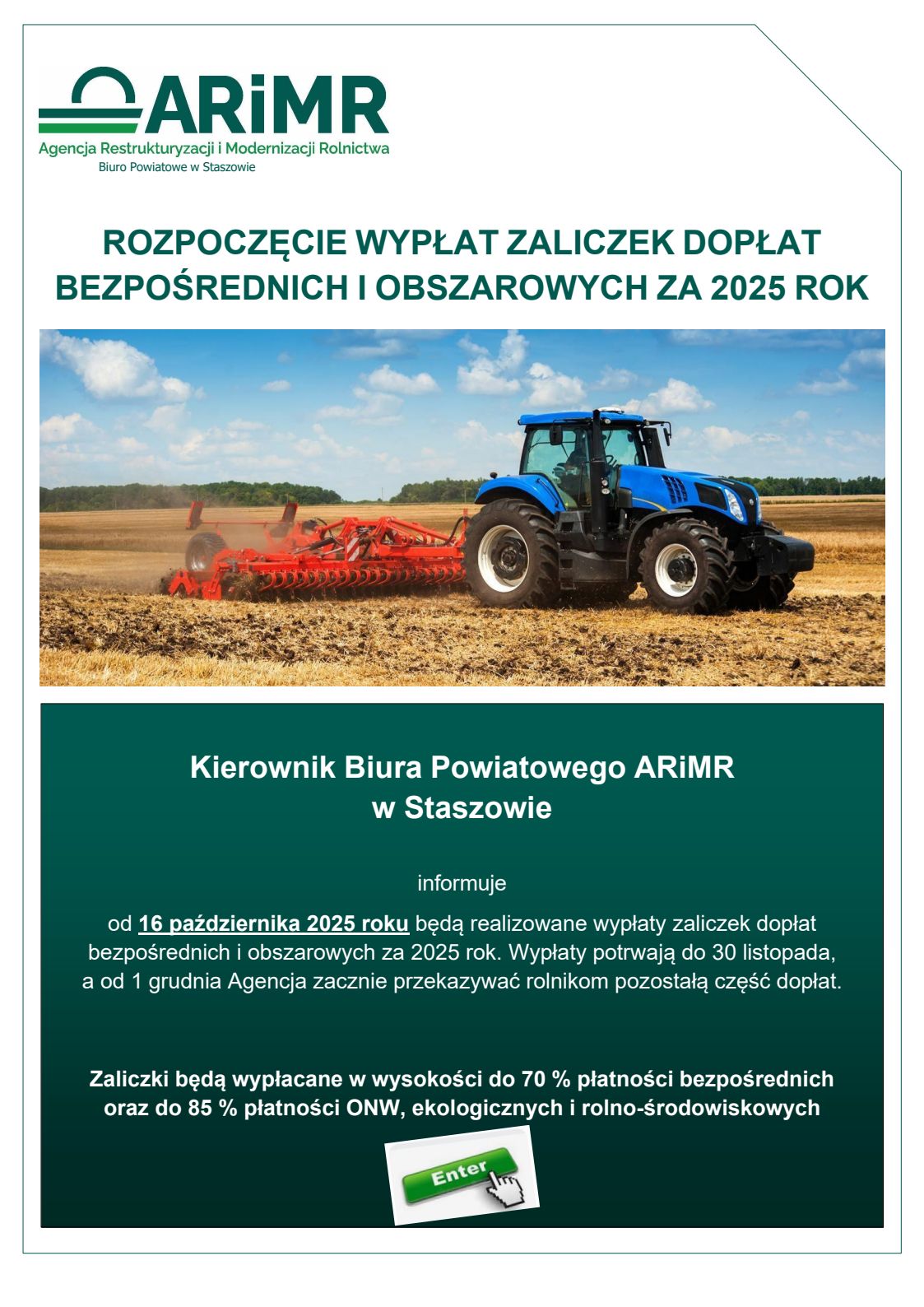 Rozpoczęcie wypłat zaliczek dopłat bezpośrednich i&nbsp;obszarowych