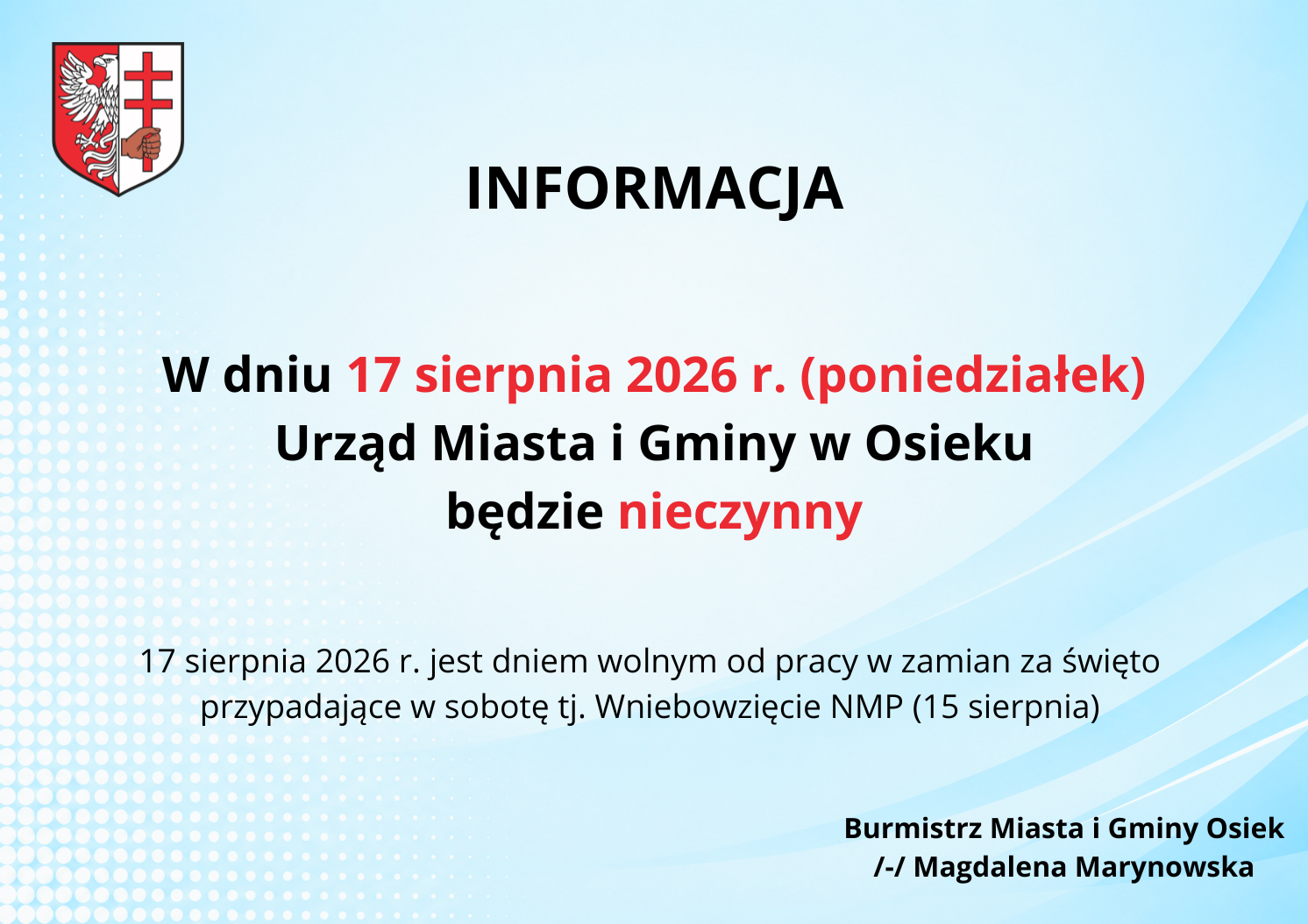 Informacja o&nbsp;dniu wolnym 17.08.2026