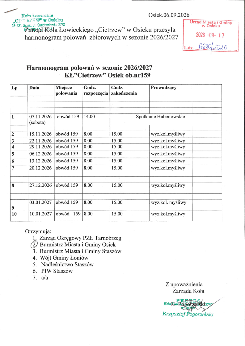 Harmonogram polowań zbiorowych w&nbsp;sezonie 2026/2027
