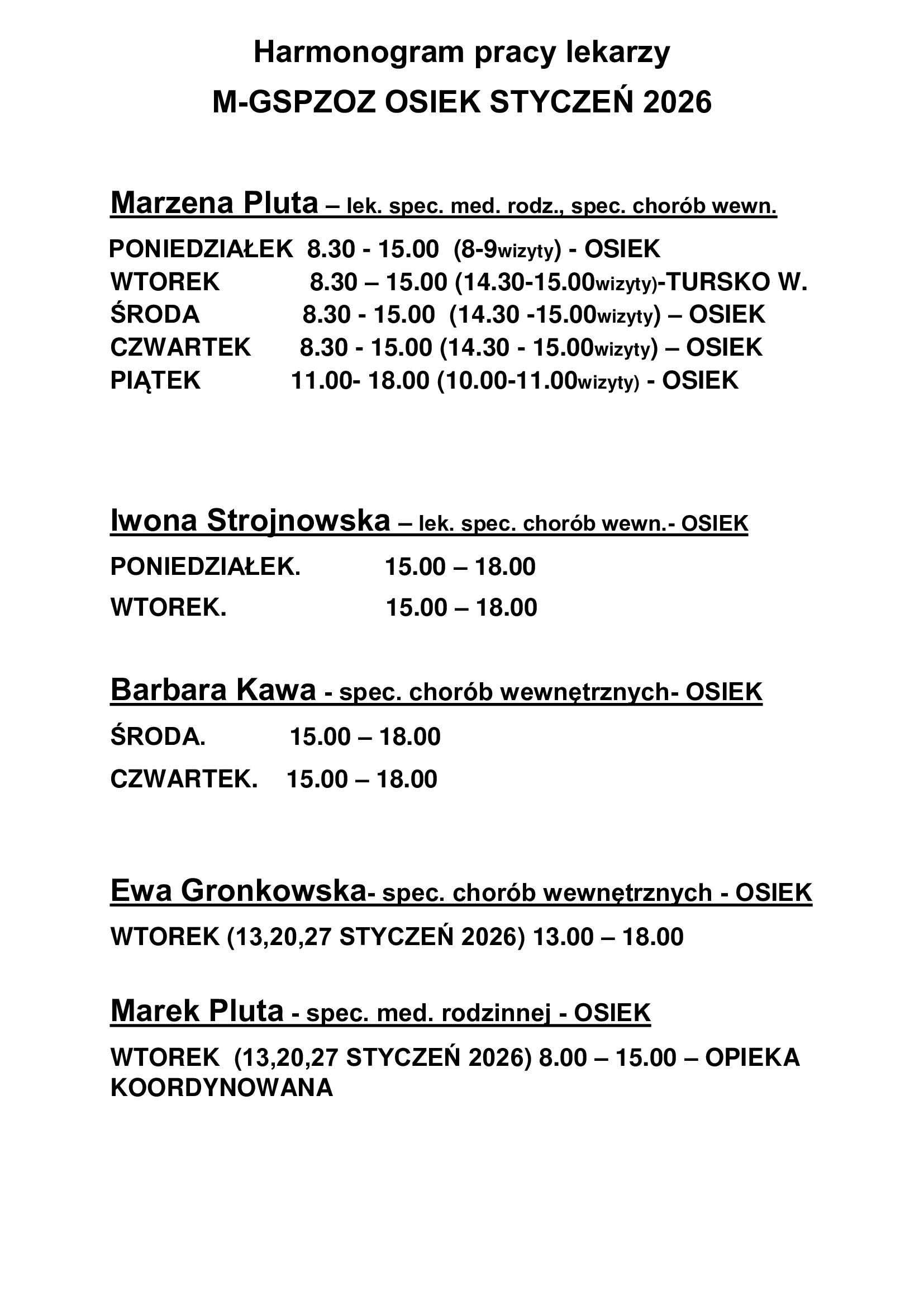 Harmonogram pracy lekarzy na&nbsp;styczeń 2026 r.