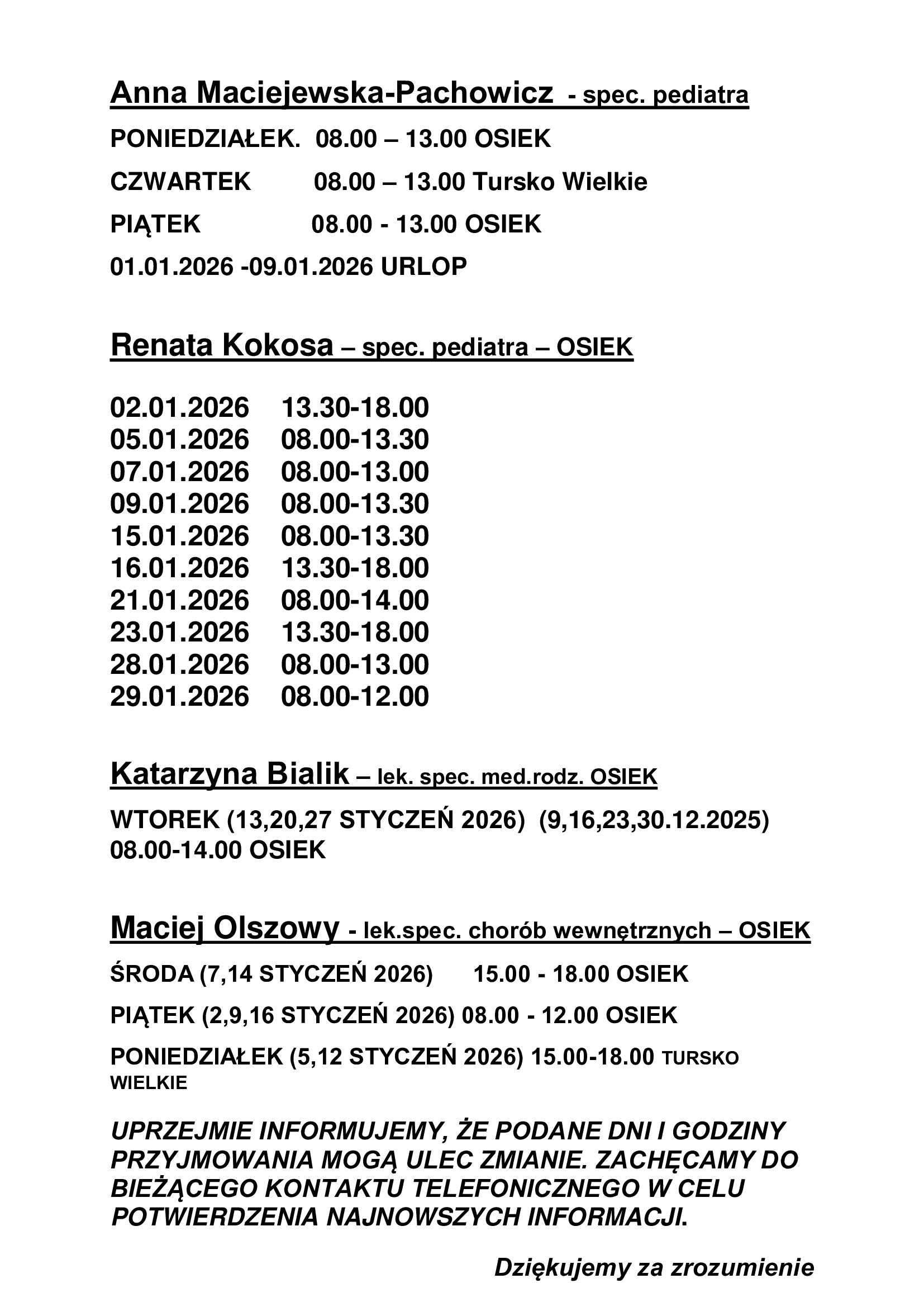 Harmonogram pracy lekarzy na&nbsp;styczeń 2026 r.