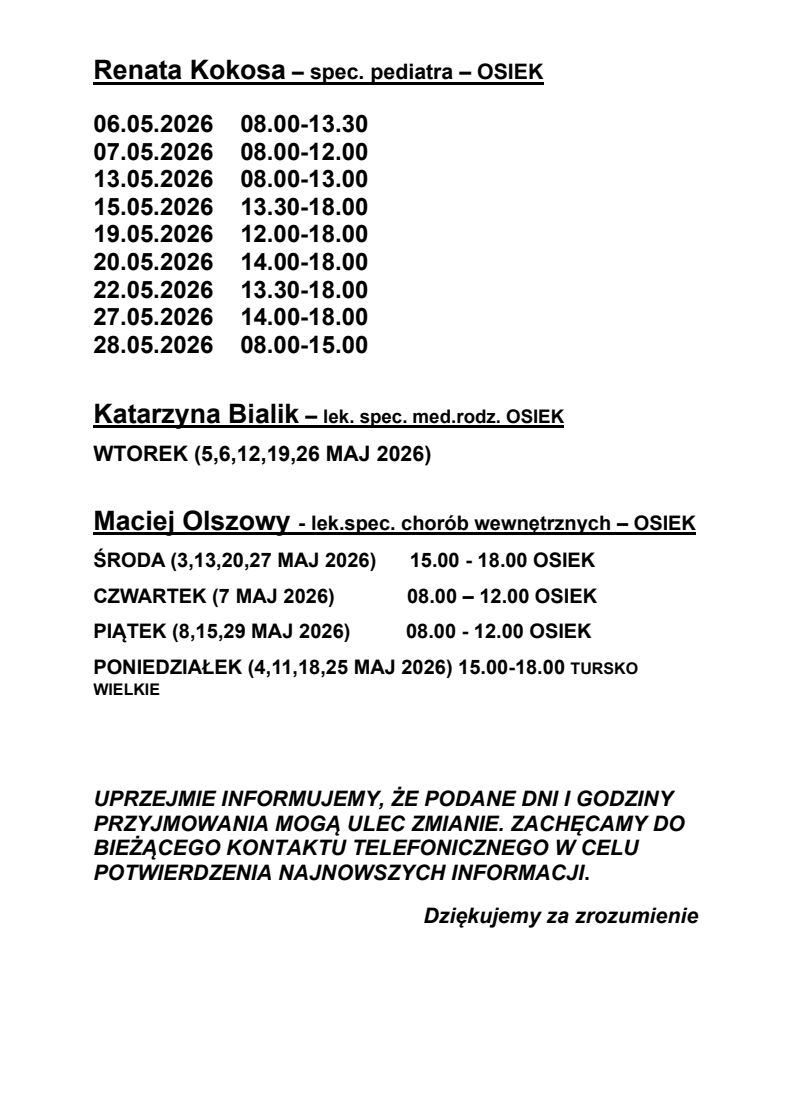 Harmonogram pracy lekarzy w&nbsp;maju 2026 r.