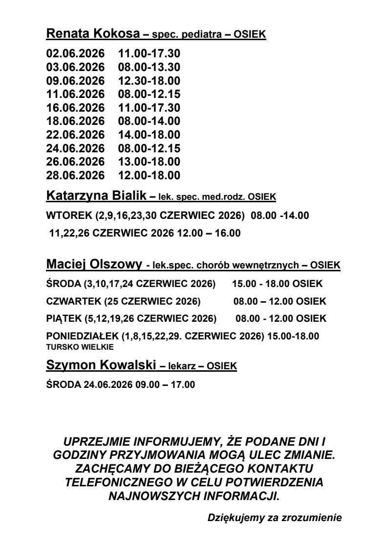 Harmonogram pracy lekarzy na&nbsp;czerwiec 2026