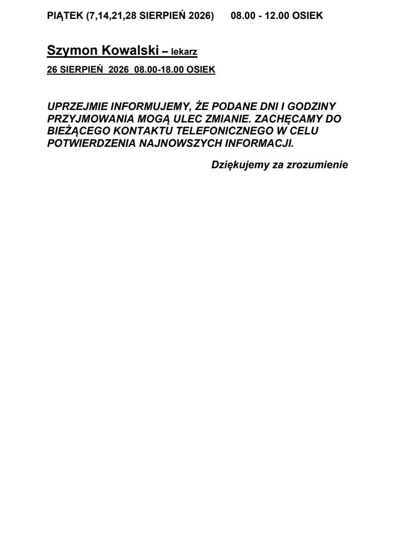 Harmonogram pracy lekarzy na&nbsp;sierpień 2026 