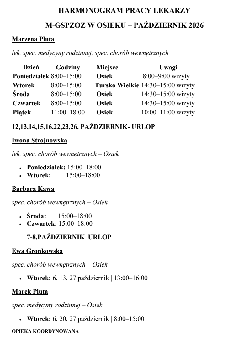 Harmonogram pracy lekarzy na&nbsp;miesiąc październik 2026