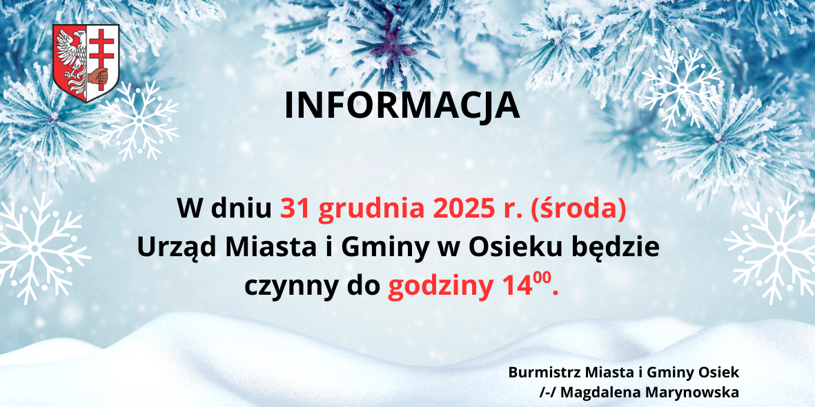 Informacja o&nbsp;kr&oacute;tszym dniu pracy w&nbsp;środę 30 grudnia 2025 roku do godz. 14:00