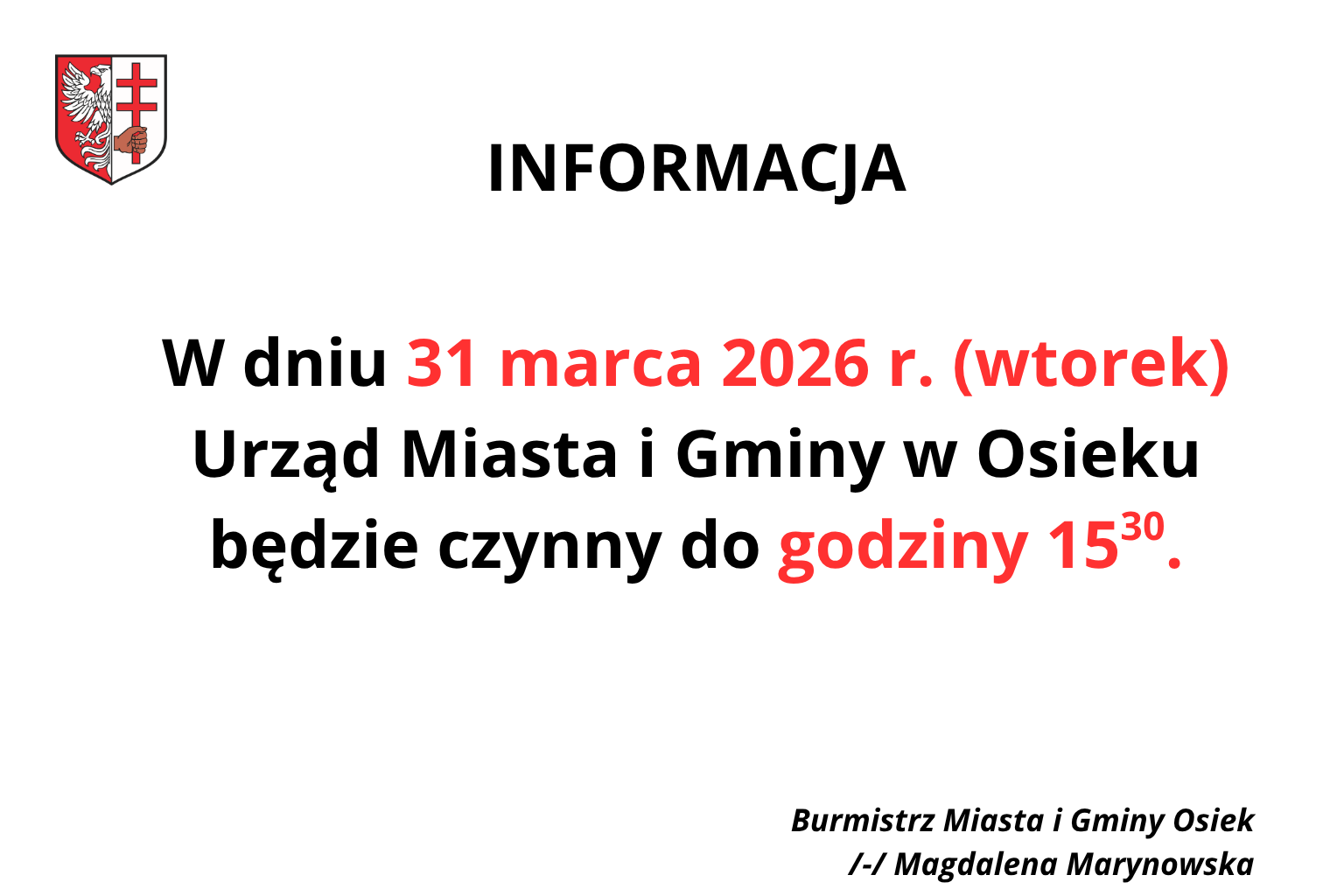 Informacja o&nbsp;godzinach pracy w&nbsp;dniu 31.03.2026