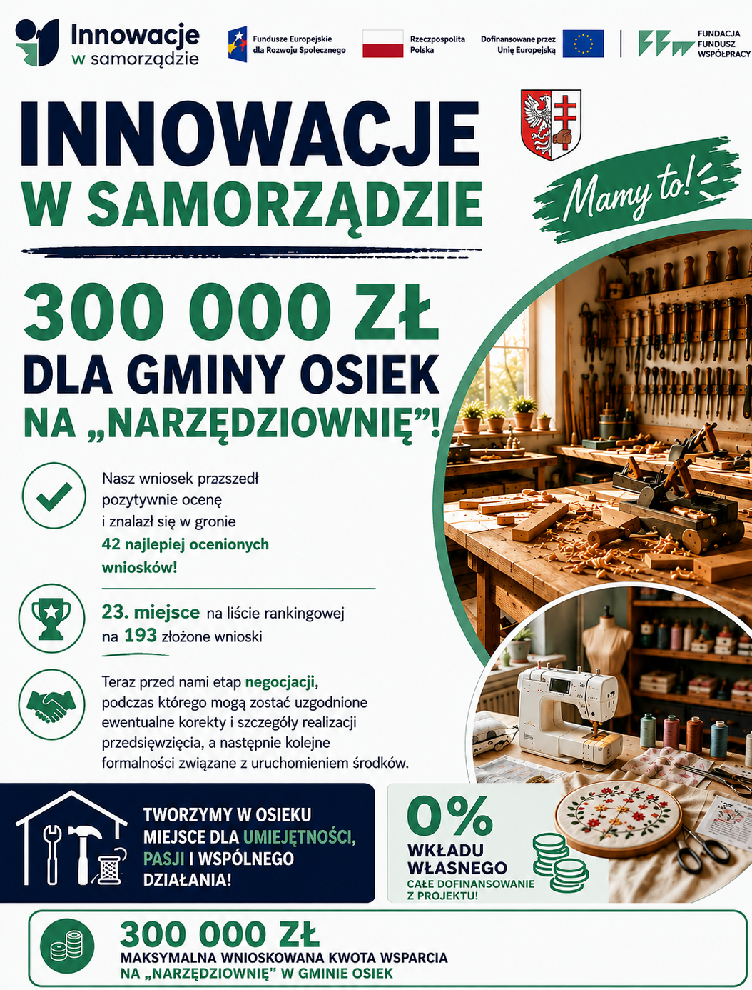 Plakat informujący o&nbsp;pozykaniu 300000 zł na&nbsp;narzędziownię 