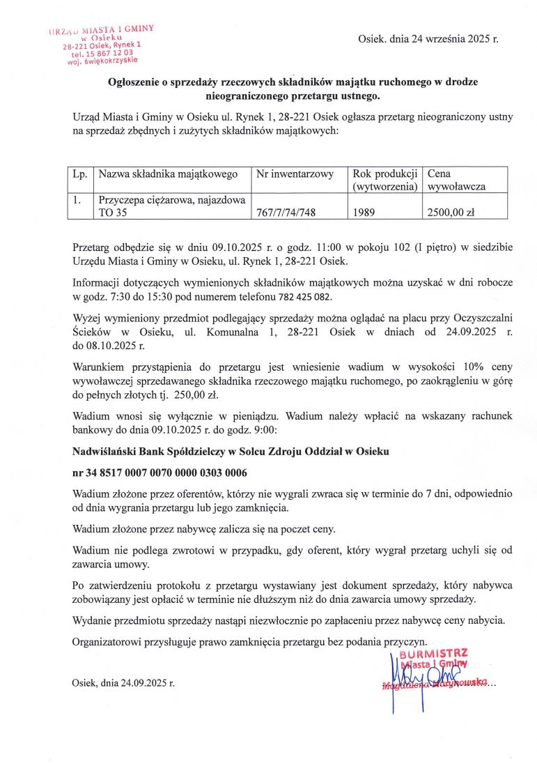 Ogłoszenie o&nbsp;sprzedaży - przyczepa