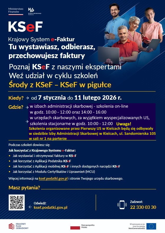 Plakat informujący o&nbsp;szkoleniach z&nbsp;karajowego systemu e-faktur