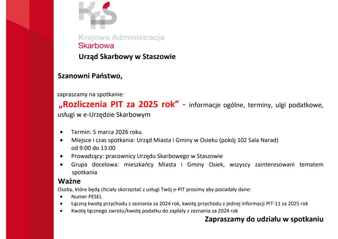 Informacja dot. możliwości rozliczenia PIT za 2025 w&nbsp;Urzędzie Miasta i&nbsp;Gminy w&nbsp;Osieku