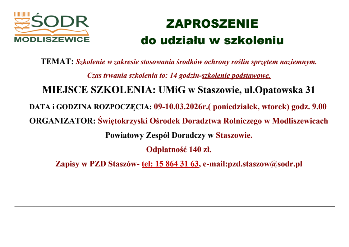 Informacja dotycząca szkolenia prowadzonego przez ŚODR Modliszewice w&nbsp;dniu 09-10 marca 2026r.