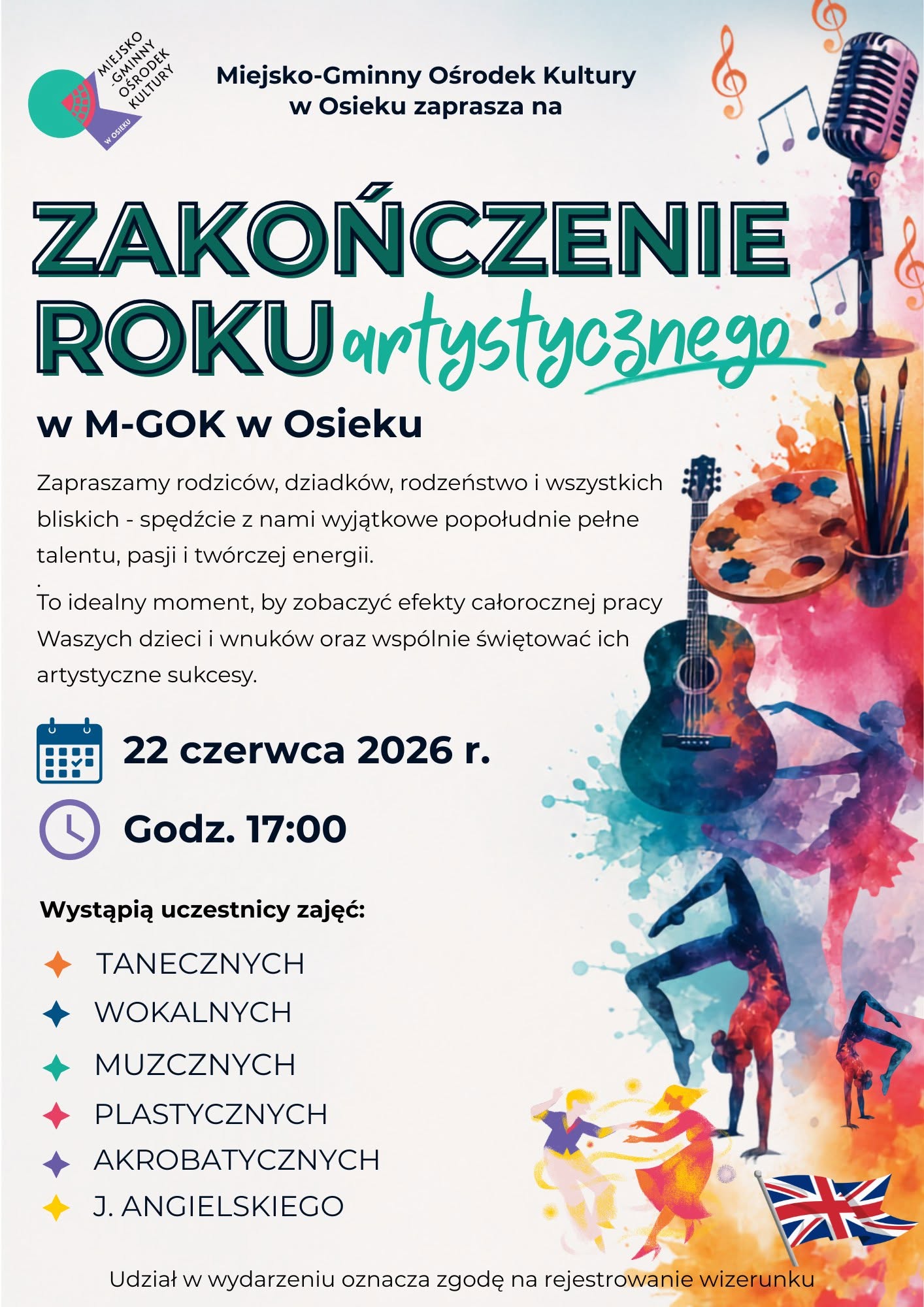 Zaproszenie na&nbsp;zakończenie roku artystycznego 2026/2025 w&nbsp;MGOK w&nbsp;Osieku 