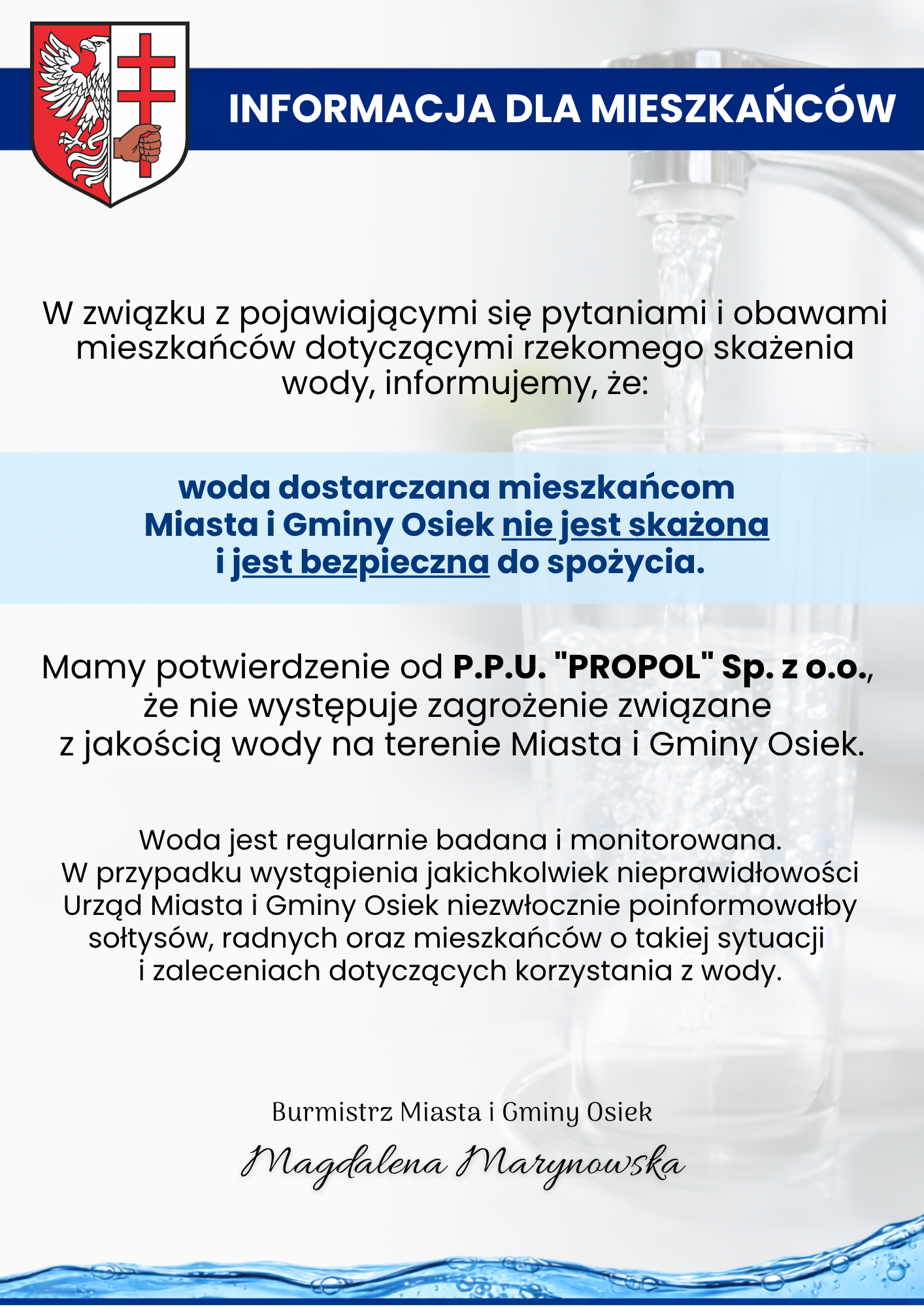 INFORMACJA DLA MIESZKAŃC&Oacute;W MIASTA I GMINY OSIEK