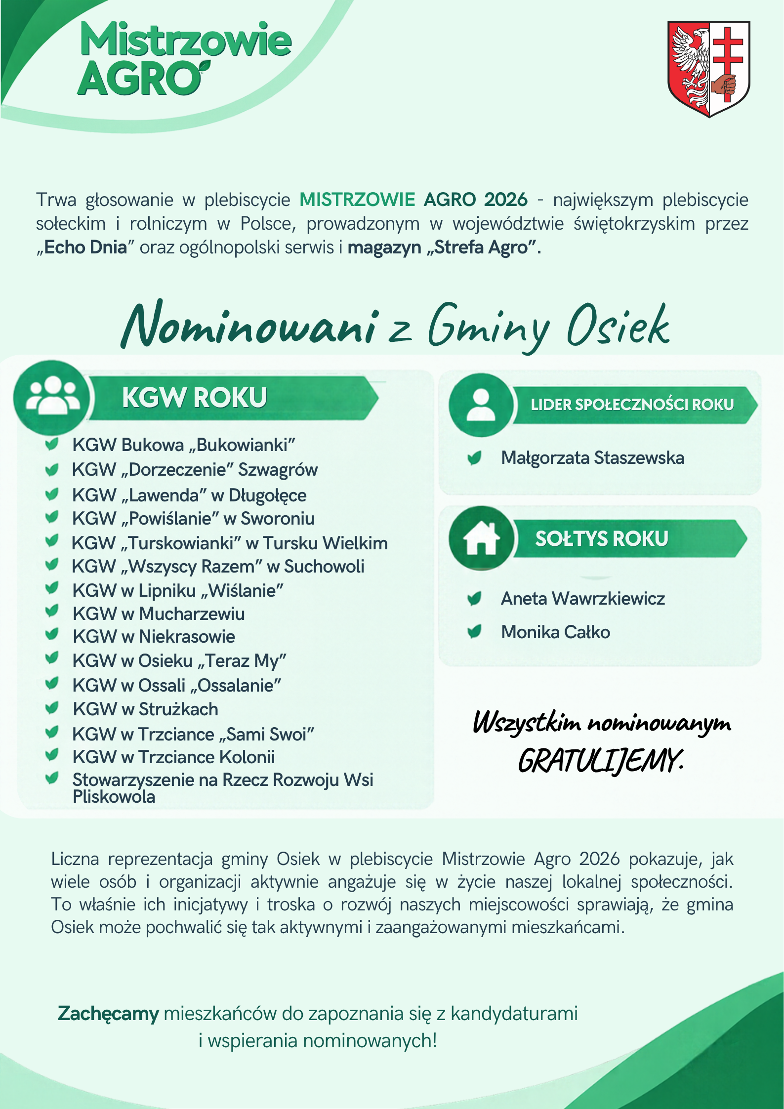 Plebiscyt Mistrzowie AGRO - nominowani z&nbsp;gminy Osiek