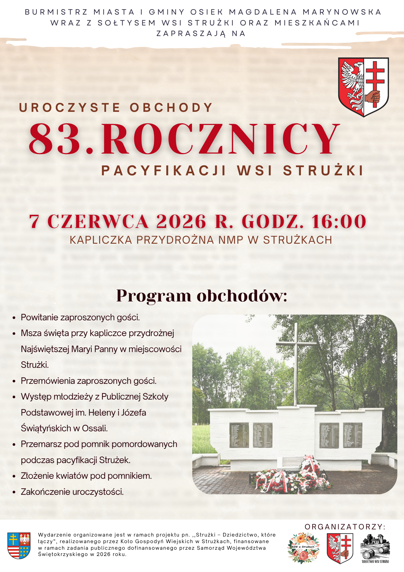 Zaproszenie na&nbsp;uroczyste Obchody 83. rocznicy Pacyfikacji wsi Strużki 