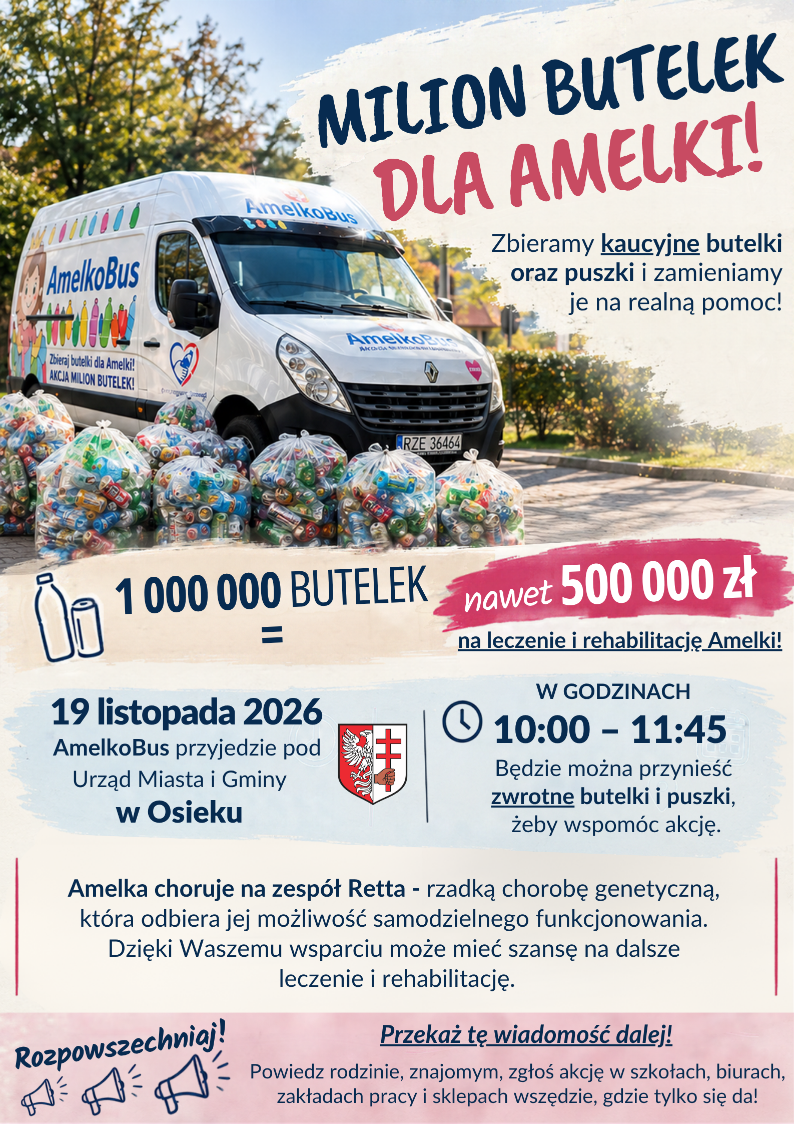 plakat informacyjny o&nbsp;akcji "Amelka kontra Rett" - AmelkoBus w&nbsp;osieku
