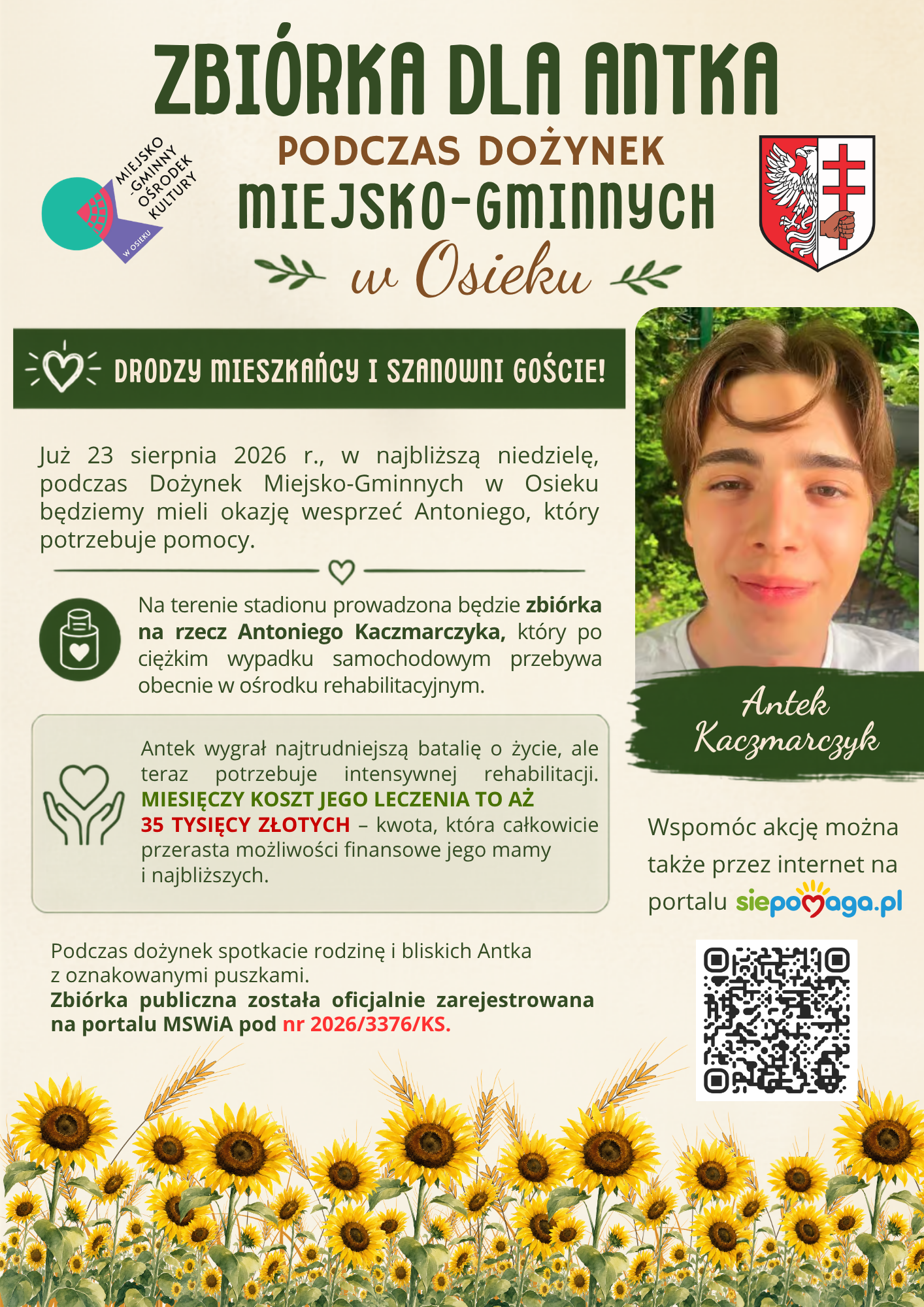 Plakat dotyczący zbi&oacute;rki dla Antoniego Kaczmarczyka 