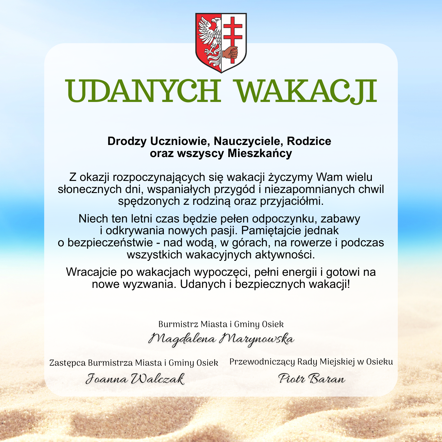 Kartka z&nbsp;życzeniami udanych wakacji od Burmistrz Miasta i&nbsp;Gminy Osiek