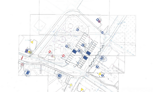 Mapa przedstawiająca zmianę organizacji ruchu na parkingu przy OPS, MGOK oraz Żłobku w Osieku 