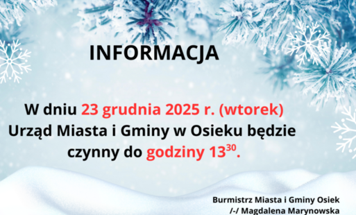 Informacja o krótszym dniu pracy we wtorek 23 grudnia 2025 roku do godz. 13:30