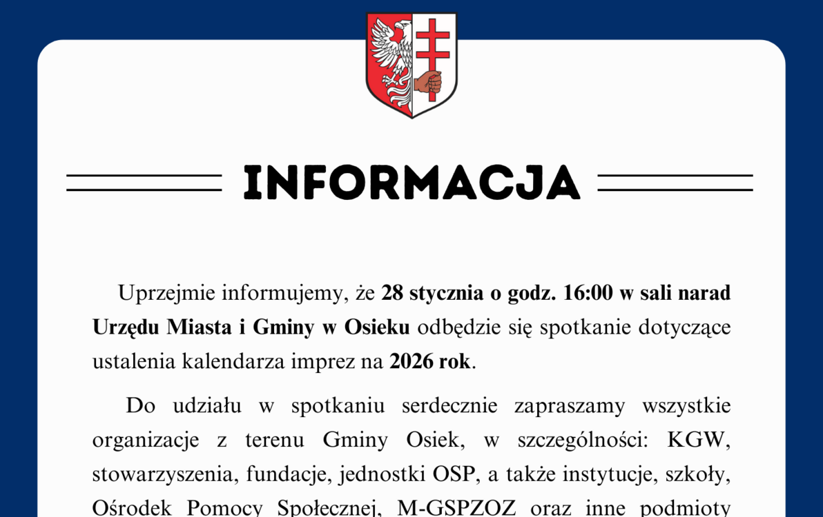 Informacja o spotkaniu dotyczącym ustalenia kalendarza imprez na 2026 rok.