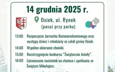 Zaproszenie na Jarmark Bożonarodzeniowy w Osieku 14 grudnia 2025. 