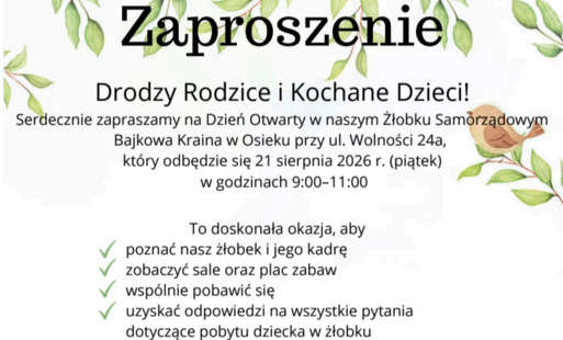 Zaproszenie na dzień otwarty w żłobku w dniu 21.08.2026