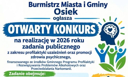 Ogłoszenie otwartego konkursu ofert na realizację w 2026 roku zadania publicznego z zakresu Gminnego Programu Profilaktyki i Rozwiązywania Problemów Alkoholowych oraz Przeciwdziałania Narkomanii.