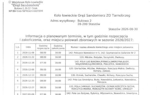 Harmonogram polowań - koło łowieckie Oręż w Sandomierzu