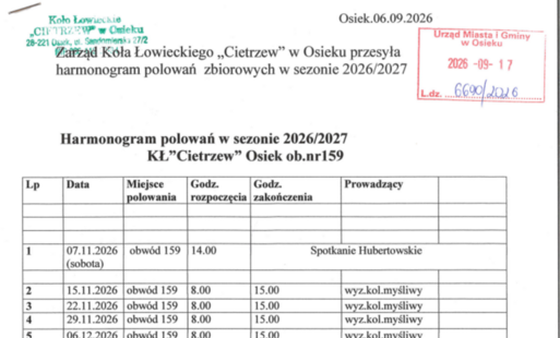 Harmonogram polowań zbiorowych w sezonie 2026/2027