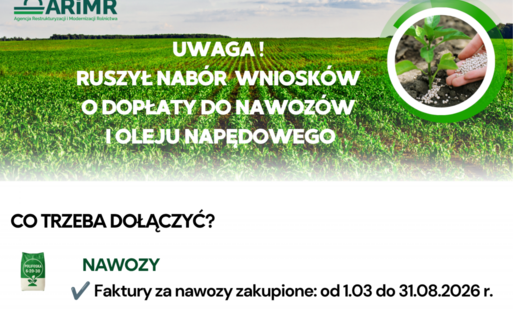 Informacja dla rolników dotycząca naboruwniosków o dopłaty do nawozów i oleju napędowego