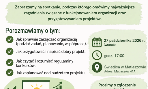 plakat o spotkaniu dotyczącym podstaw działania organizacji pozarządowych 